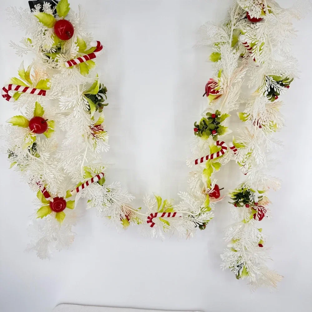 VTG 60's White‎ Plastic Christmas Garland Candy Cane Apples Holiday Decor 8.5 ft